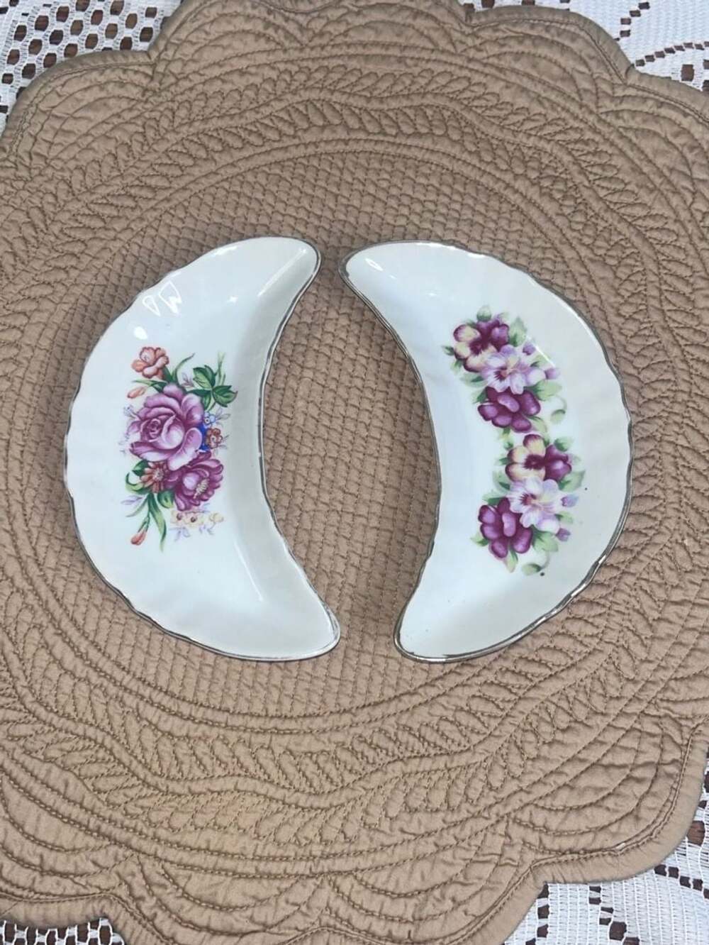 Vintage Chadwick Porcelain Crescent Bone Dishes Floral Designs Gold Edges